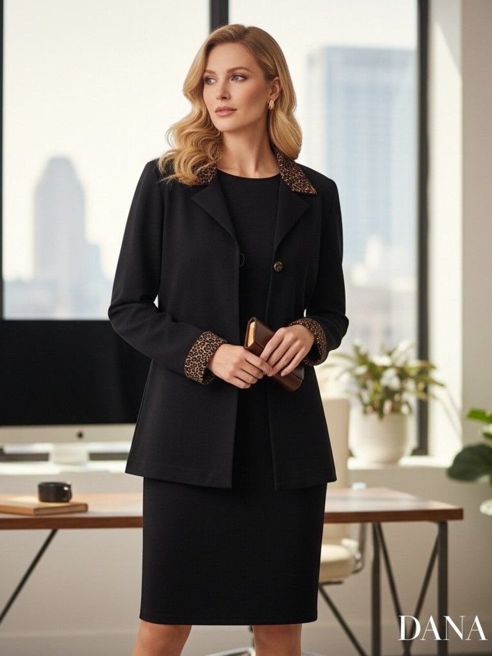 Vintage Dana Kay 2-Piece Black Dress & Leopard Trim Jacket Set 90's, Office Sire